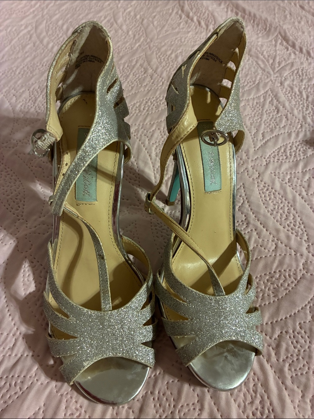 Betsey Johnson Silver Glitter Open-Toe Ankle Strap Heels